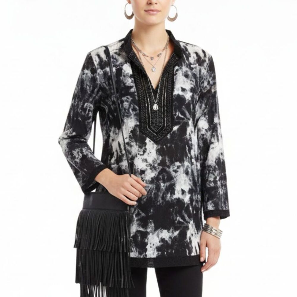Michael Kors Black & White Print Long Sleeve Boho Embellished Peasant top M